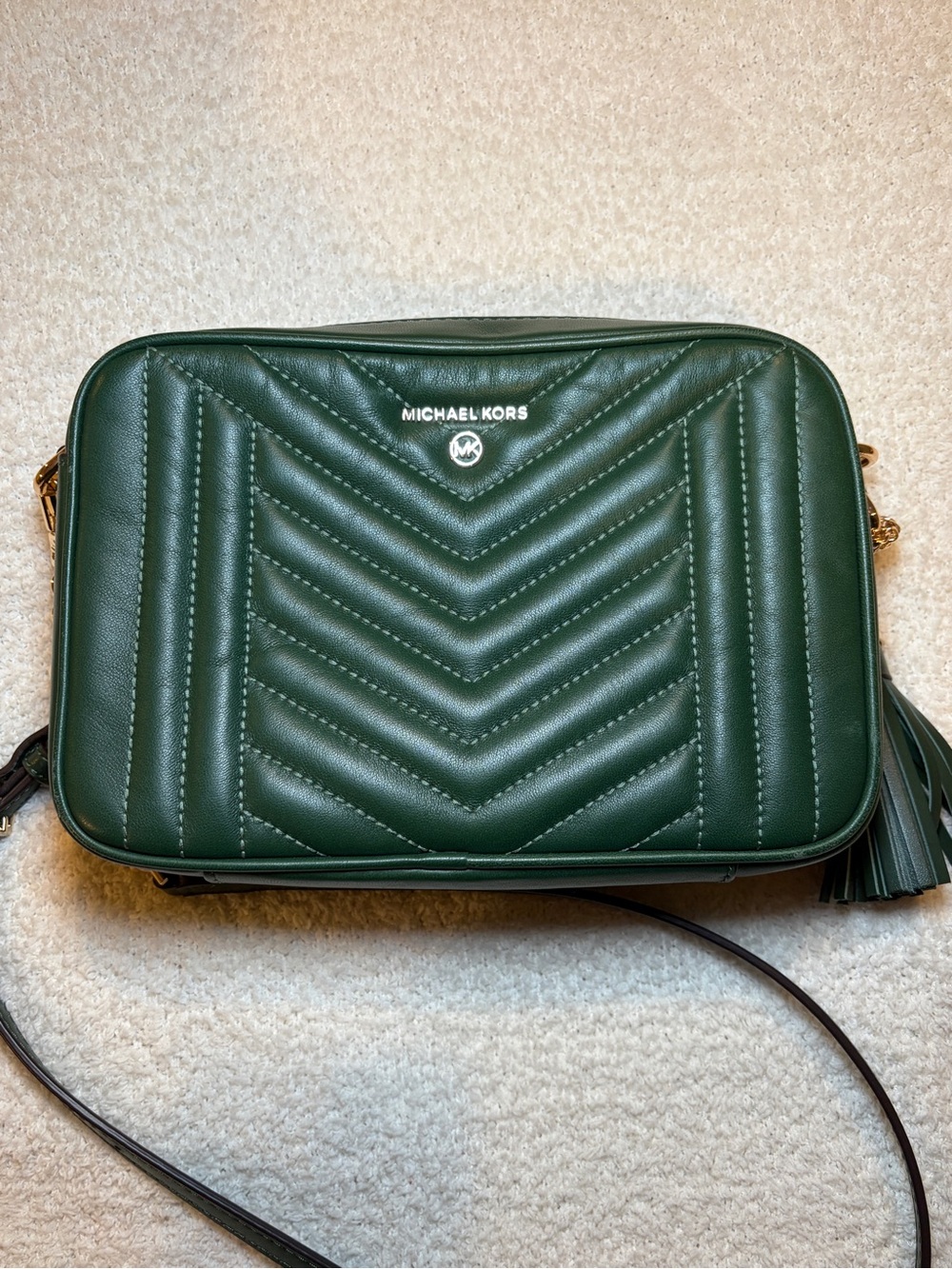 Michael Kors Dark Green Quilted Leather Crossbody Camera Bag